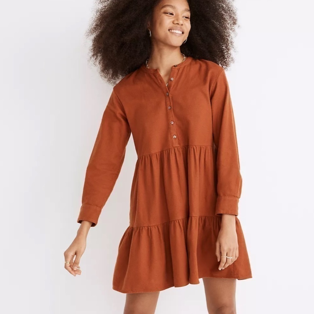 Madewell flannel button placket tiered mini dress warm nutmeg